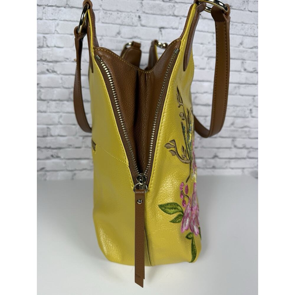 Sharif Yellow Brown Leather Hobo Handbag Embroidery Butterflies Flowers - Picture 3 of 12
